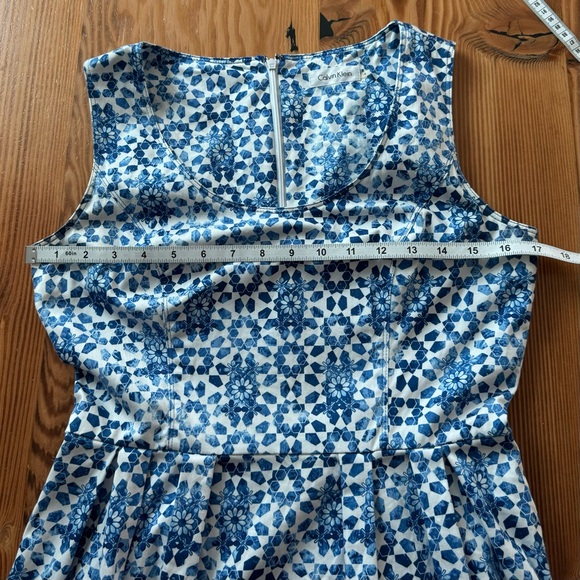 Calvin Klein Sleeveless Fit and Flare Pleated Dress in Regatta Print - Picture 8 of 10